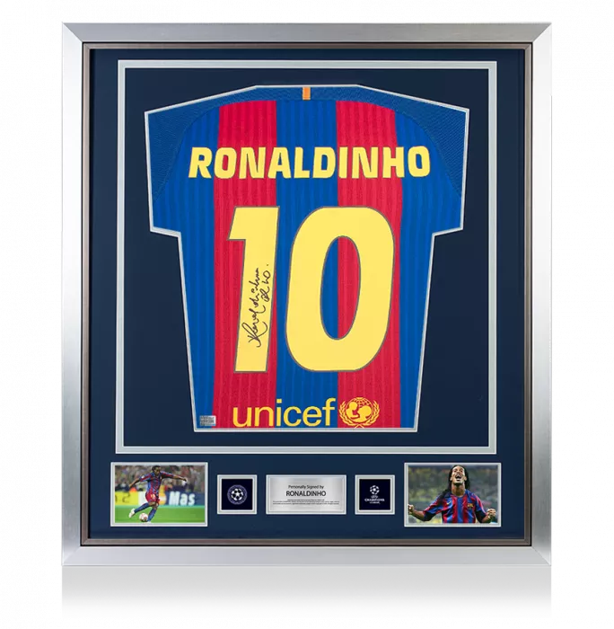 icons Ronaldinho Official UEFA Champions League Back Signed and Framed FC Barcelona 2016-17 Home Shirt with Fan Style Numbers
