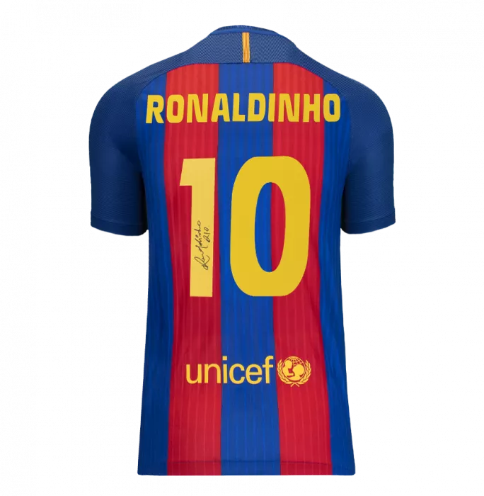 Icons Ronaldinho Official UEFA Champions League Back Signed And Hero Framed FC Barcelona 2016-17 Home Shirt