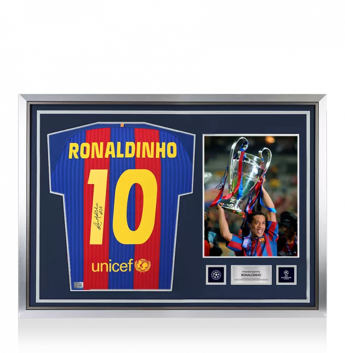 icons Ronaldinho Official UEFA Champions League Back Signed and Hero Framed FC Barcelona 2016-17 Home Shirt