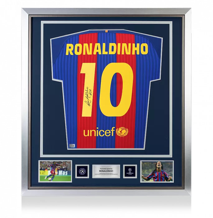 Icons Ronaldinho Official UEFA Champions League Back Signed And Framed FC Barcelona 2016-17 Home Shirt
