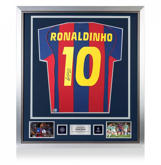 icons Ronaldinho Official UEFA Champions League Back Signed and Framed FC Barcelona 2004-05 Home Shirt