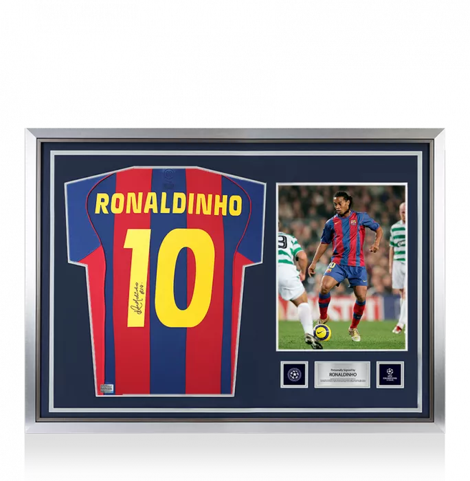 icons Ronaldinho Official UEFA Champions League Back Signed and Hero Framed FC Barcelona 2004-05 Home Shirt
