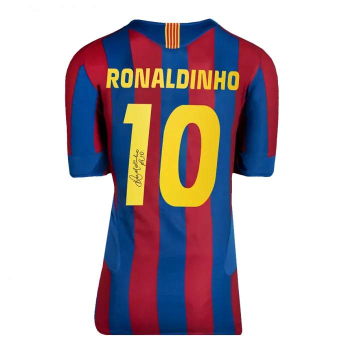 Icons Ronaldinho Official UEFA Champions League Back Signed And Hero Framed FC Barcelona 2005-06 Home Shirt With Fan Style Numbers