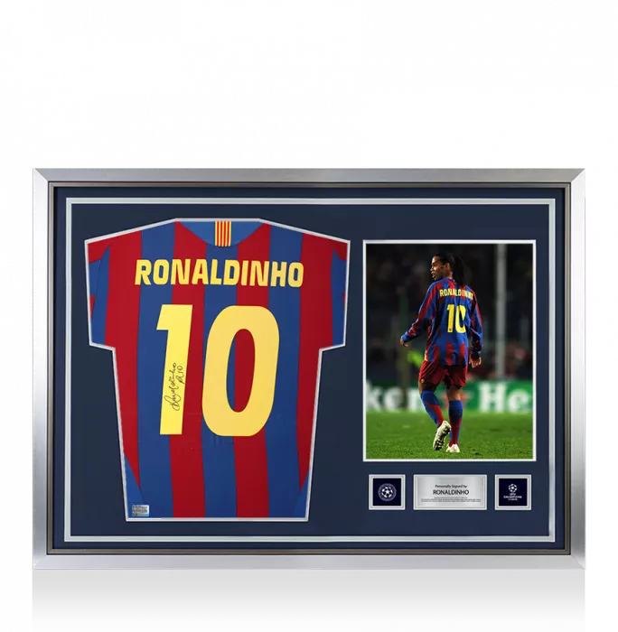icons Ronaldinho Official UEFA Champions League Back Signed and Hero Framed FC Barcelona 2005-06 Home Shirt with Fan Style Numbers