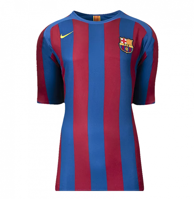 Icons Ronaldinho Official UEFA Champions League Back Signed And Framed FC Barcelona 2005-06 Home Shirt With Fan Style Numbers