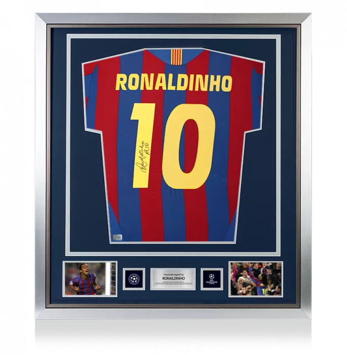 icons Ronaldinho Official UEFA Champions League Back Signed and Framed FC Barcelona 2005-06 Home Shirt with Fan Style Numbers
