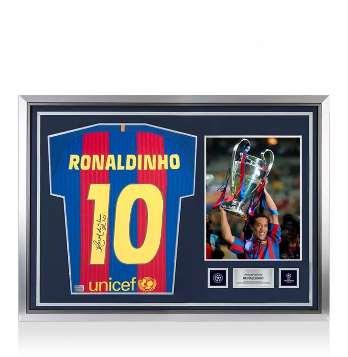 icons Ronaldinho Official UEFA Champions League Back Signed and Hero Framed FC Barcelona 2016-17 Home Shirt with Fan Style Numbers