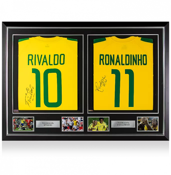 icons Ronaldinho & Rivaldo Back Signed Brazil 2002 Home Shirt Master Frame