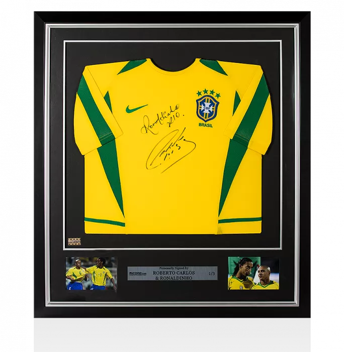icons Ronaldinho & Roberto Carlos Front Signed and Framed Brazil 2002 Home Shirt