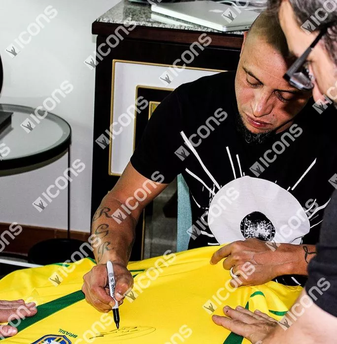 Icons Ronaldinho & Roberto Carlos Front Signed Brazil 2002 Home Shirt