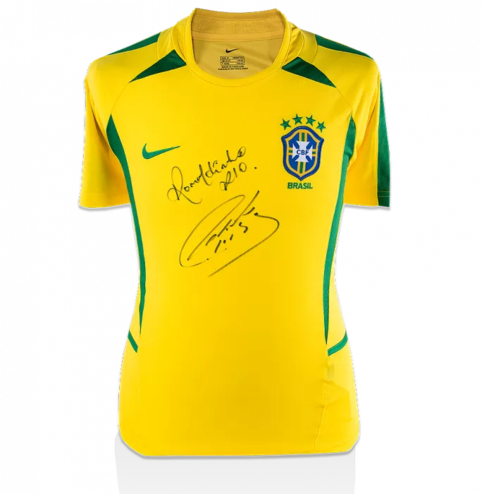 icons Ronaldinho & Roberto Carlos Front Signed Brazil 2002 Home Shirt