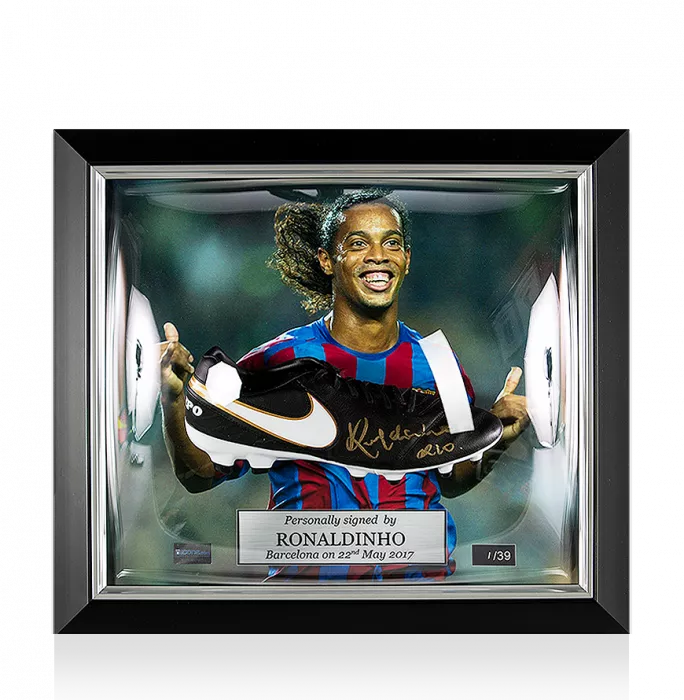 icons Ronaldinho Signed and Barcelona Framed Black Nike Tiempo Boot