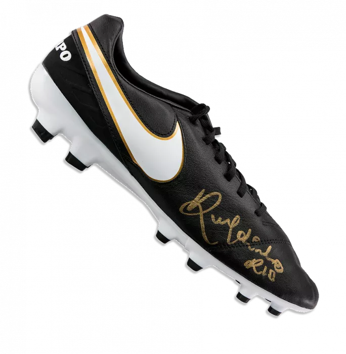 Icons Ronaldinho Signed Black Nike Tiempo Boot In Acrylic Case