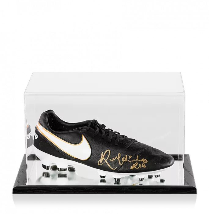 icons Ronaldinho Signed Black Nike Tiempo Boot In Acrylic Case