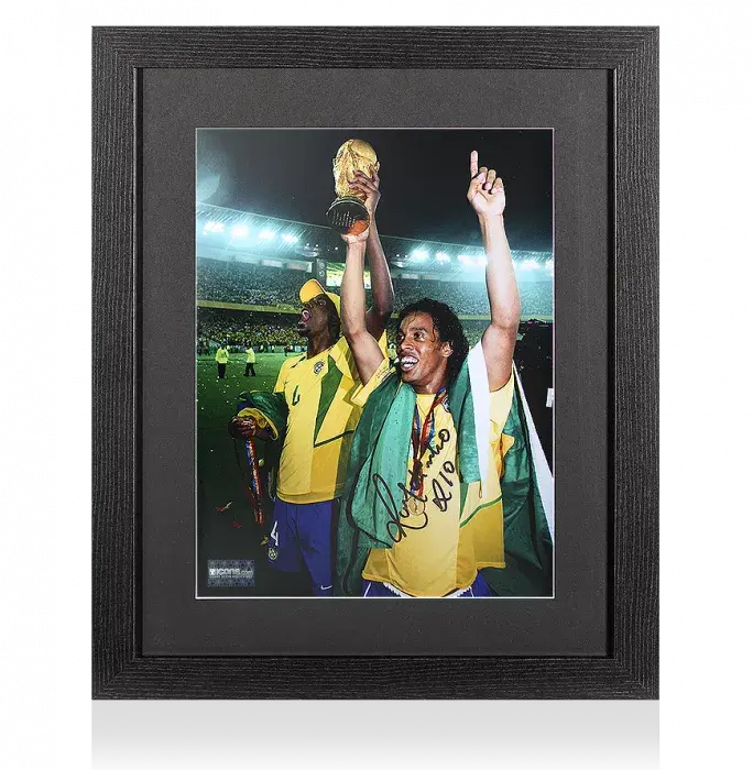 Icons Ronaldinho Signed Brazil Photo In Black Wooden Frame: 2002 FIFA World Cup Winner