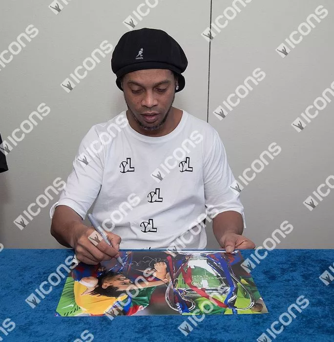 Icons Ronaldinho Signed FC Barcelona Photo In Black Wooden Frame: 2006 UEFA Champions League Winner