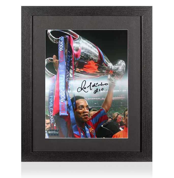 icons Ronaldinho Signed FC Barcelona Photo In Black Wooden Frame: 2006 UEFA Champions League Winner