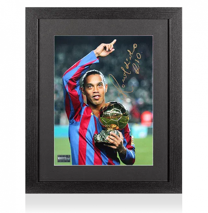 icons Ronaldinho Signed FC Barcelona Photo In Black Wooden Frame: 2005 Ballon d'Or Winner