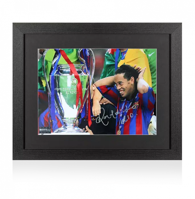 icons Ronaldinho Signed FC Barcelona Photo In Black Wooden Frame: 2006 UEFA Champions League Winner