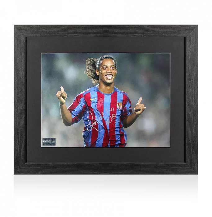 Icons Ronaldinho Silver Signed FC Barcelona Photo In Black Wooden Frame: Barca's Brilliant Brazilian