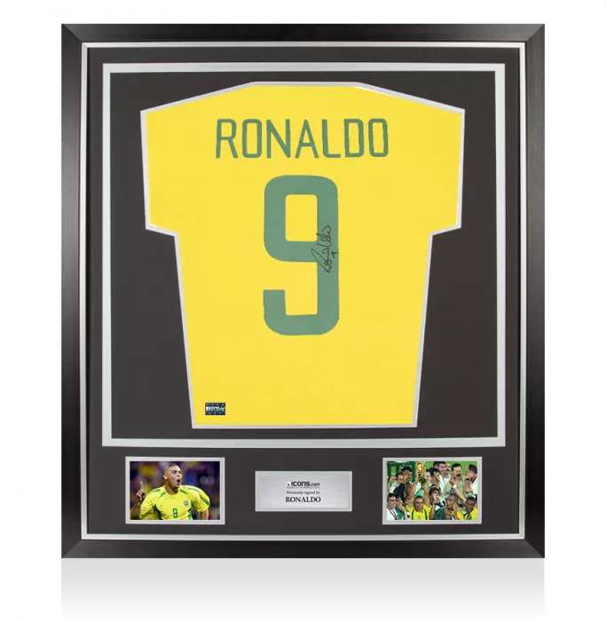 icons Ronaldo Back Signed Brazil 1970 Home Shirt with Fan Style Numbers In Classic Frame