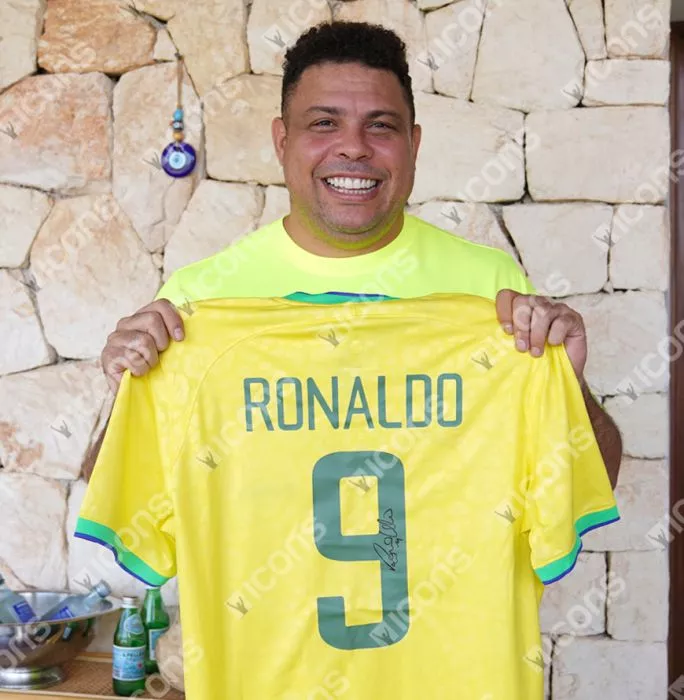 Icons Ronaldo Back Signed Modern Brazil Home Shirt With Fan Style Numbers In Classic Frame