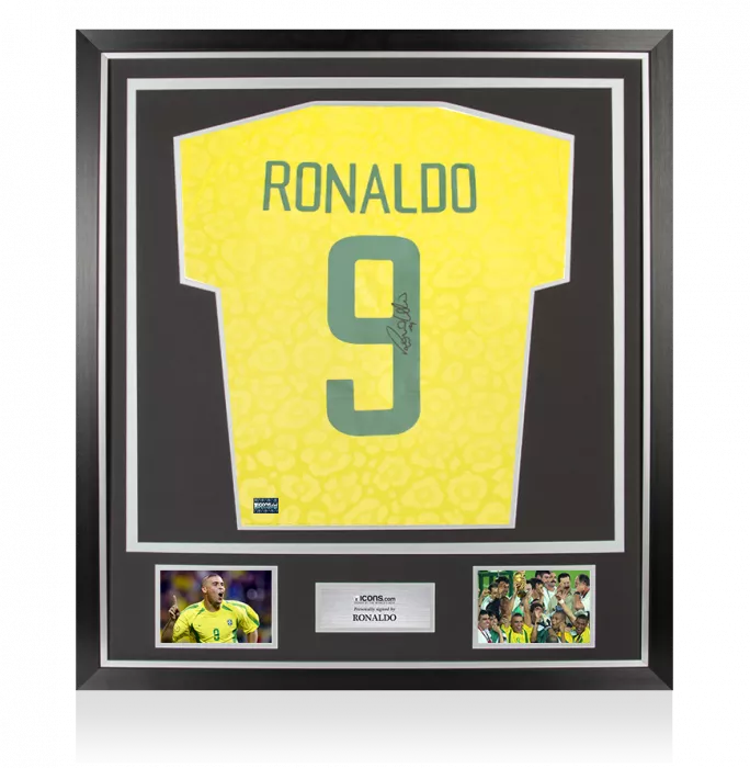 icons Ronaldo Back Signed Modern Brazil Home Shirt with Fan Style Numbers In Classic Frame