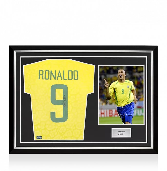 icons Ronaldo Back Signed Modern Brazil Home Shirt with Fan Style Numbers In Hero Frame: Option 1