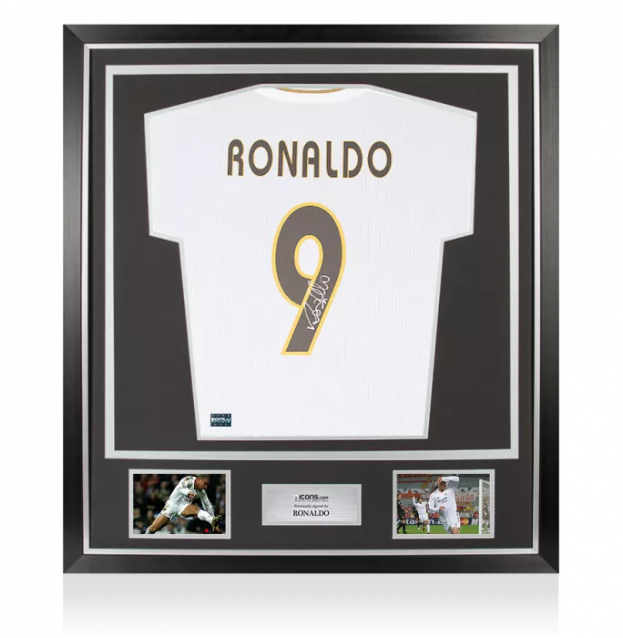 icons Ronaldo Back Signed Modern Real Madrid Home Shirt With Fan Style Numbers In Classic Frame