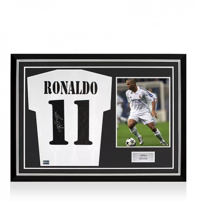 icons Ronaldo Back Signed Modern Real Madrid Home Shirt With Fan Style Numbers In Hero Frame: Option 1