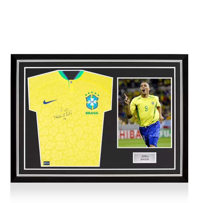 icons Ronaldo Front Signed Modern Brazil Home Shirt In Hero Frame: Option 1
