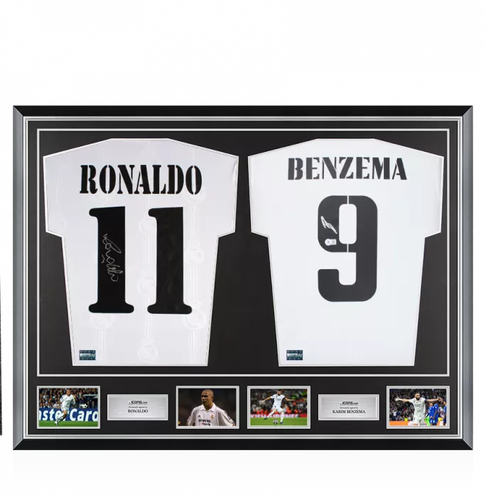 icons Ronaldo & Karim Benzema Signed Real Madrid Shirts In Classic Dual Frame