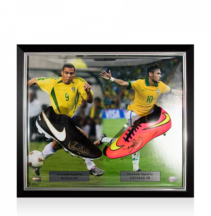 icons Ronaldo & Neymar Jr Signed Nike Boots In Brazil Frame