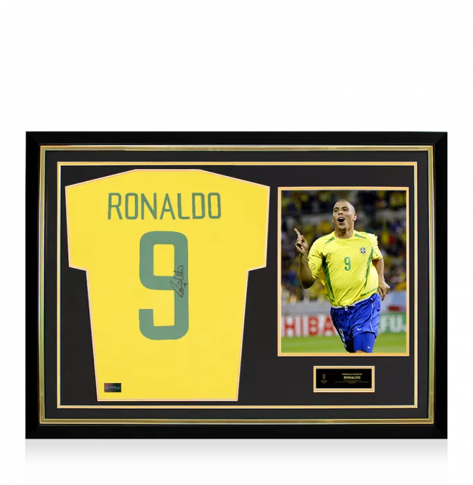 icons Ronaldo Official Ballon d'Or™ Back Signed and Hero Framed Brazil 1970 Home Shirt with Fan Style Numbers