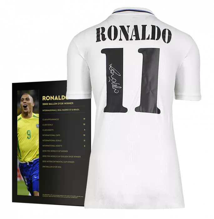 Icons Ronaldo Official Ballon D'Or™ Back Signed Modern Real Madrid Home Shirt With Fan Style Numbers: 2002 Winner's Pack