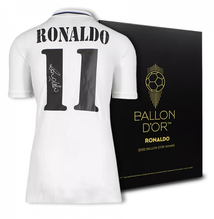 icons Ronaldo Official Ballon d'Or™ Back Signed Modern Real Madrid Home Shirt With Fan Style Numbers: 2002 Winner's Pack