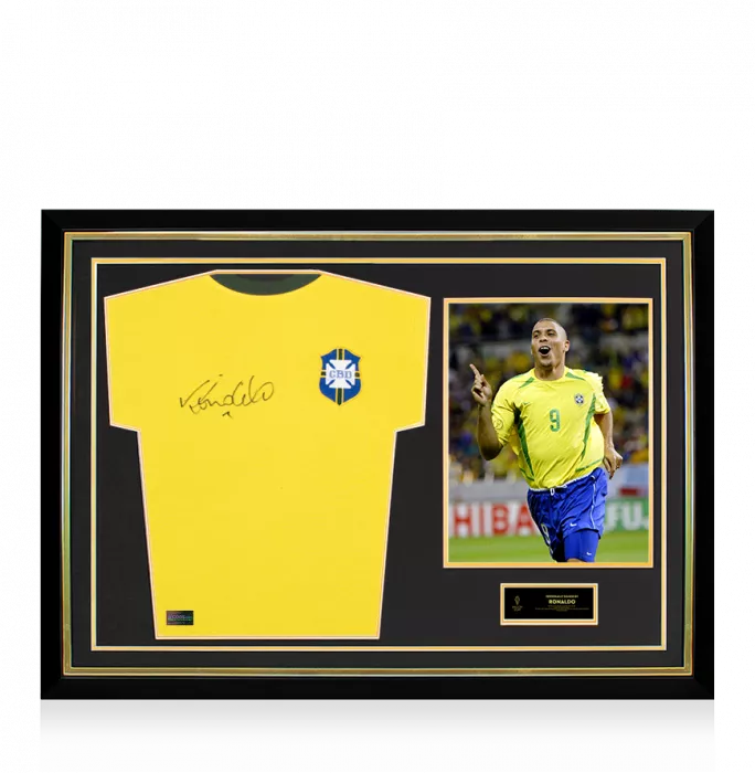 icons Ronaldo Official Ballon d'Or™ Front Signed and Hero Framed Brazil 1970 Home Shirt