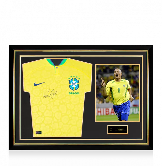 icons Ronaldo Official Ballon d'Or™ Front Signed and Hero Framed Modern Brazil Home Shirt