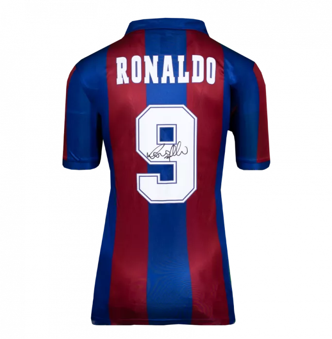 Icons Ronaldo Official FC Barcelona Back Signed And Framed Retro Home Shirt
