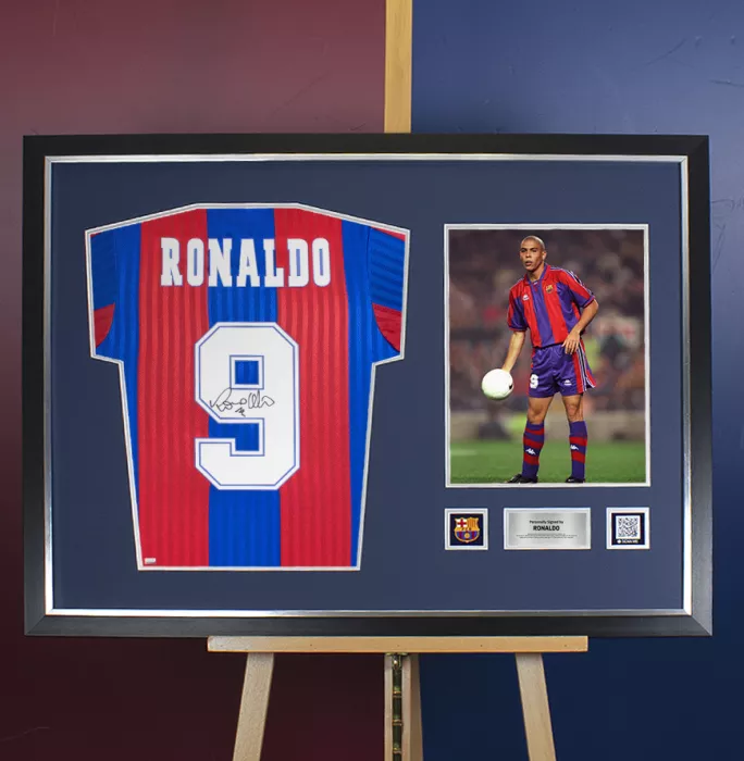Icons Ronaldo Official FC Barcelona Back Signed And Framed Retro Shirt With Fan Style Numbers