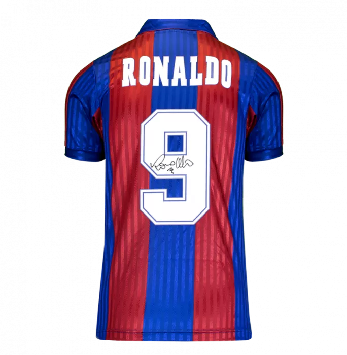 Icons Ronaldo Official FC Barcelona Back Signed And Framed Retro Shirt With Fan Style Numbers