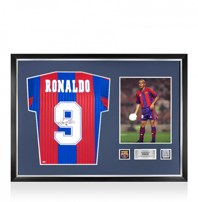 icons Ronaldo Official FC Barcelona Back Signed and Framed Retro Shirt with Fan Style Numbers