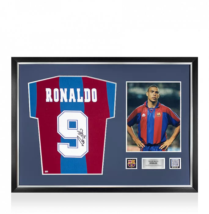 icons Ronaldo Official FC Barcelona Back Signed and Framed Retro Home Shirt With Fan Style Numbers
