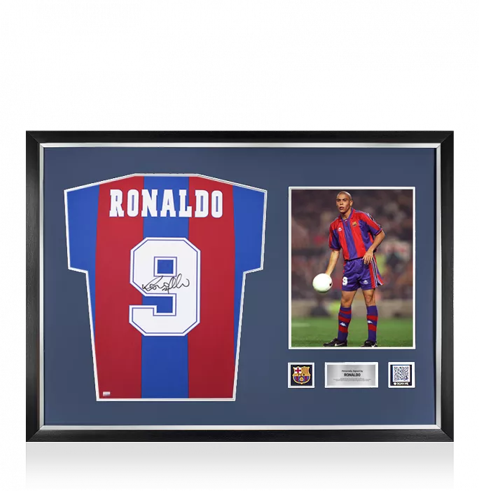 icons Ronaldo Official FC Barcelona Back Signed and Framed Retro Home Shirt