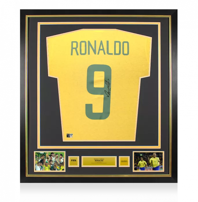 icons Ronaldo Official FIFA World Cup™ Back Signed and Framed Brazil Home T-Shirt with Fan Style Numbers