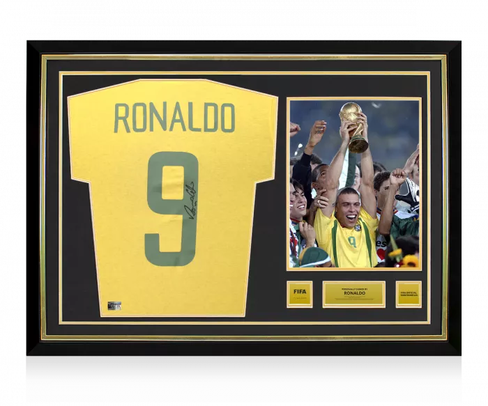 icons Ronaldo Official FIFA World Cup™ Back Signed and Hero Framed Brazil Home T-Shirt with Fan Style Numbers