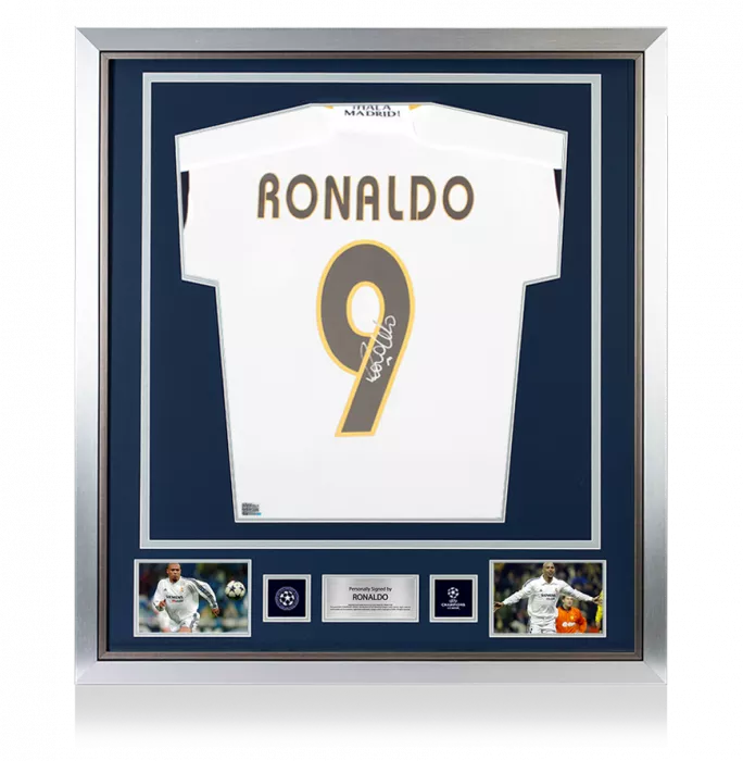 icons Ronaldo Official UEFA Champions League Back Signed and Framed Modern Real Madrid CF Home Shirt with Fan Style Numbers