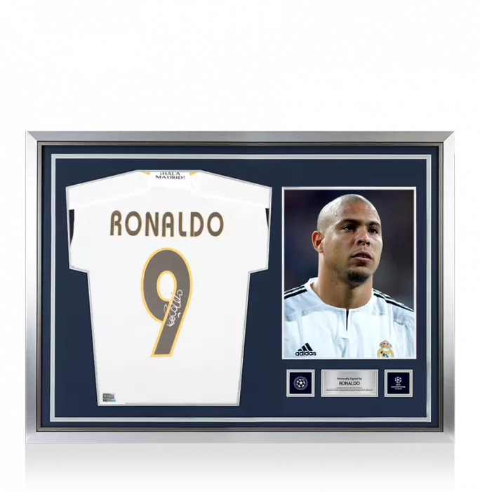 icons Ronaldo Official UEFA Champions League Back Signed and Hero Framed Modern Real Madrid CF Home Shirt with Fan Style Numbers