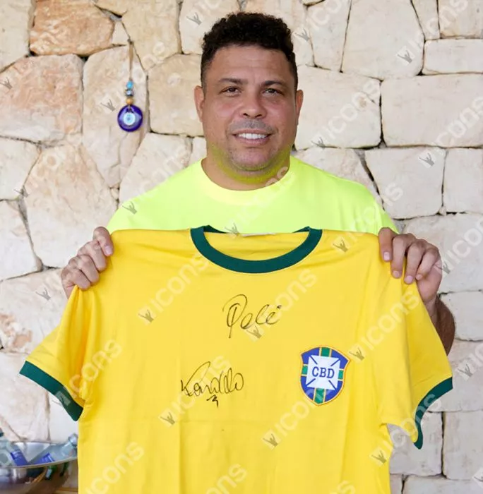 Icons Ronaldo & Pele Official FIFA World Cup™ Front Signed And Framed Retro Brazil Home Shirt