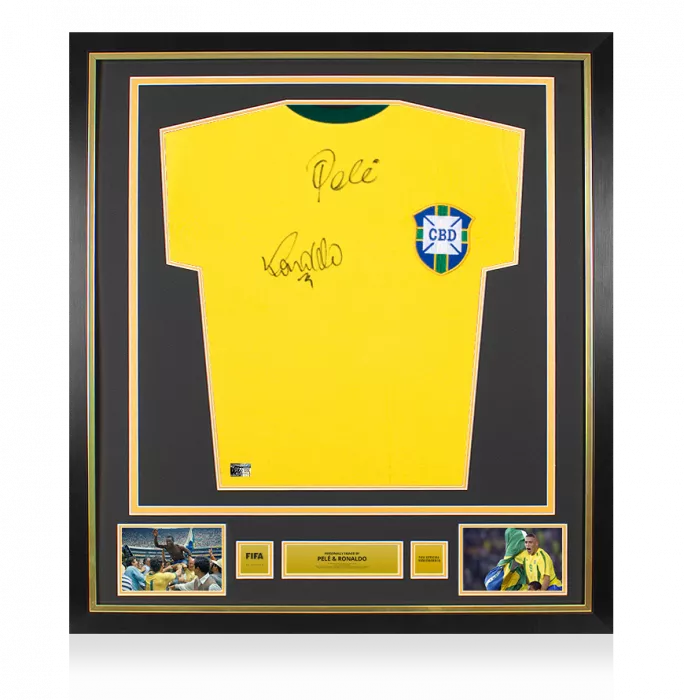 icons Ronaldo & Pele Official FIFA World Cup™ Front Signed and Framed Retro Brazil Home Shirt